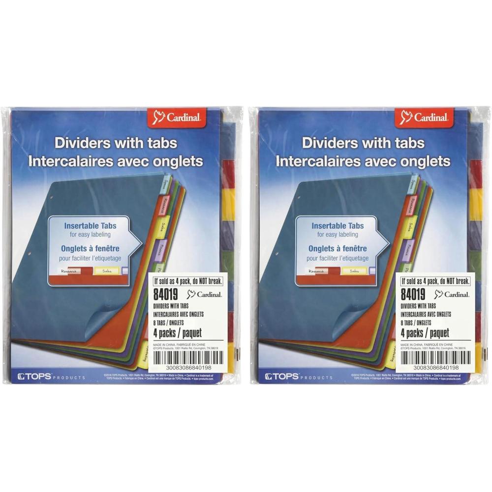 image:imageCardinal Plastic Binder Dividers without Pockets 8Tab Insertable Multicolor Tabs Letter Size 1 Set 84019 812 x 11812 x 11 Pack of 2